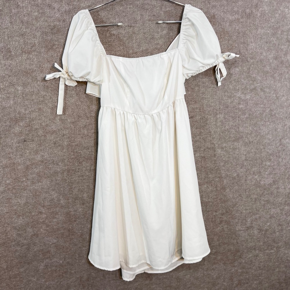EXLURA Mini Dress Womens M White Puff Sleeve Tie Back Milkmaid Cottagecore